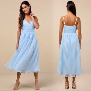 NWOT Lulus Exemplary Aura Light Blue Tulle Pleated Midi Dress